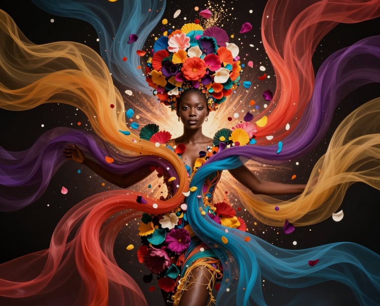 Image of woman adorned in waving fabric and floral design.