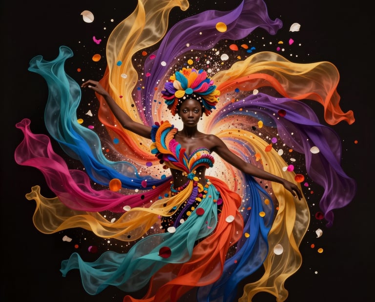 A beautiful black woman with a vivid color spirilling dress