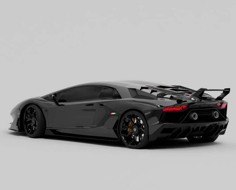 Rear angle view of a black 2023 Lamborghini Aventator