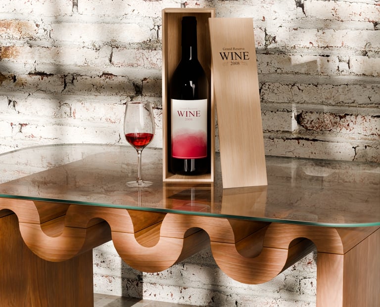 Image of our box & glass of wine render.