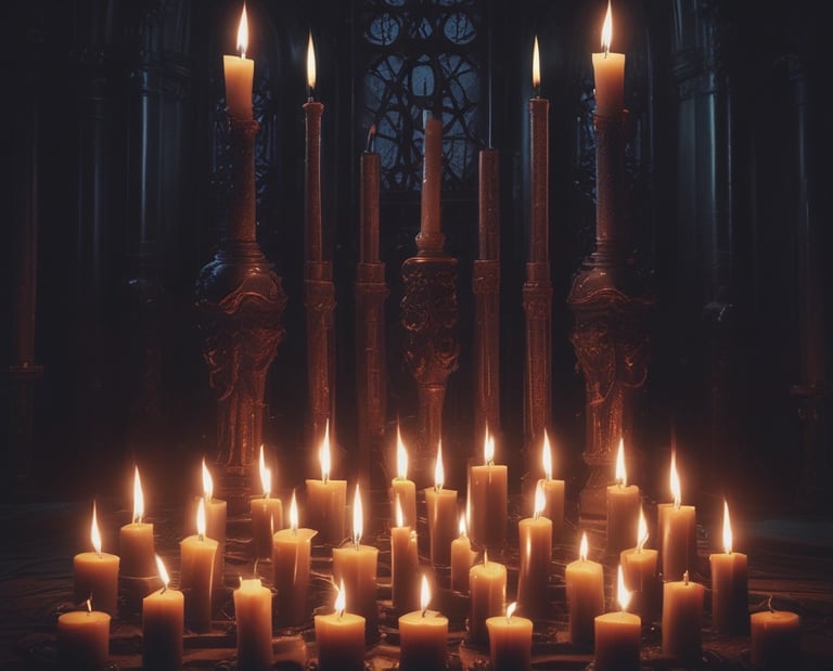 Photo de pleins de bougies, chandelles allumées sur fond noir, lumière jaune