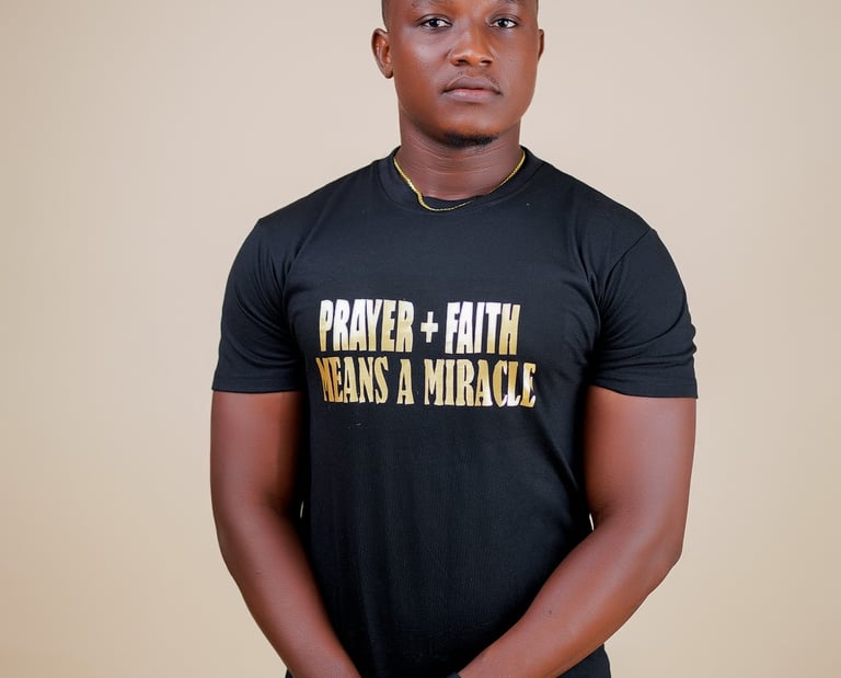 "Prayer+Faith means a miracle" Christian T-shirt. Gold letters on blackCotton