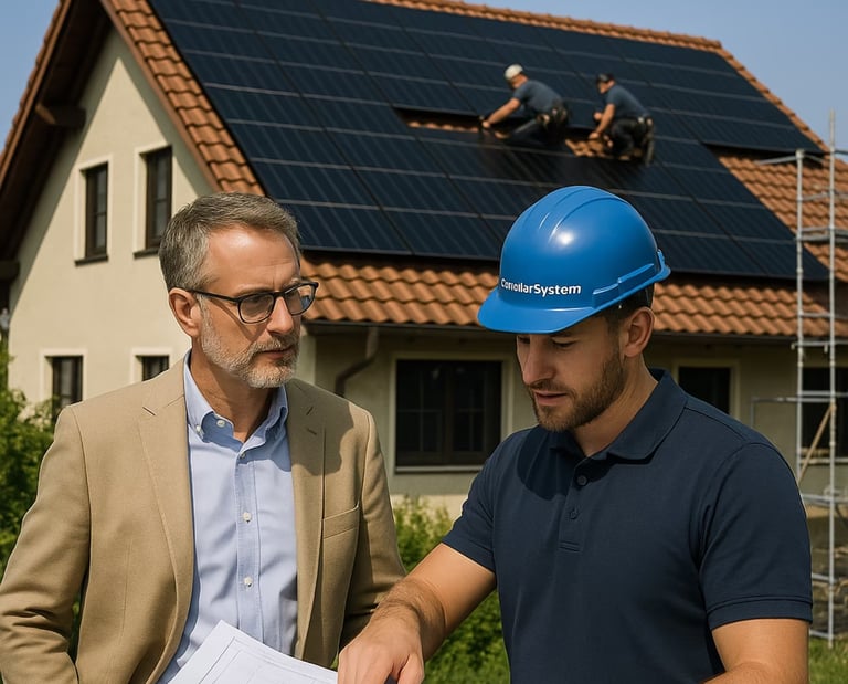 Zwei Männer stehen vor einem Haus mit Solarpaneelen.
