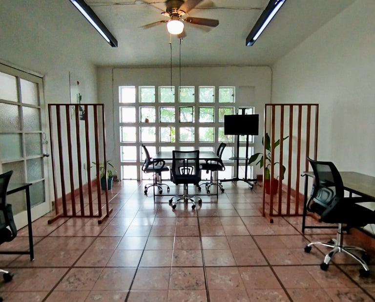 a office with a ceiling fan and a ceiling fan