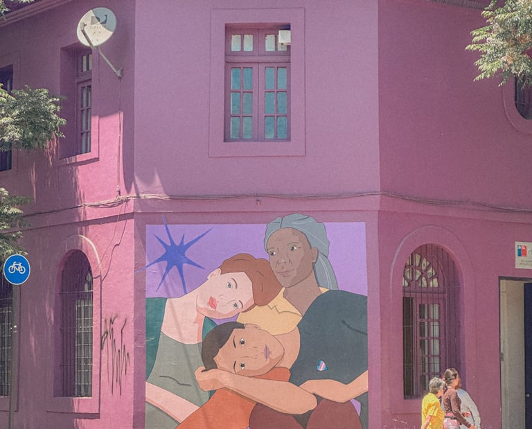 Chilean streets with purple mural art, Santiago de Chile, South America