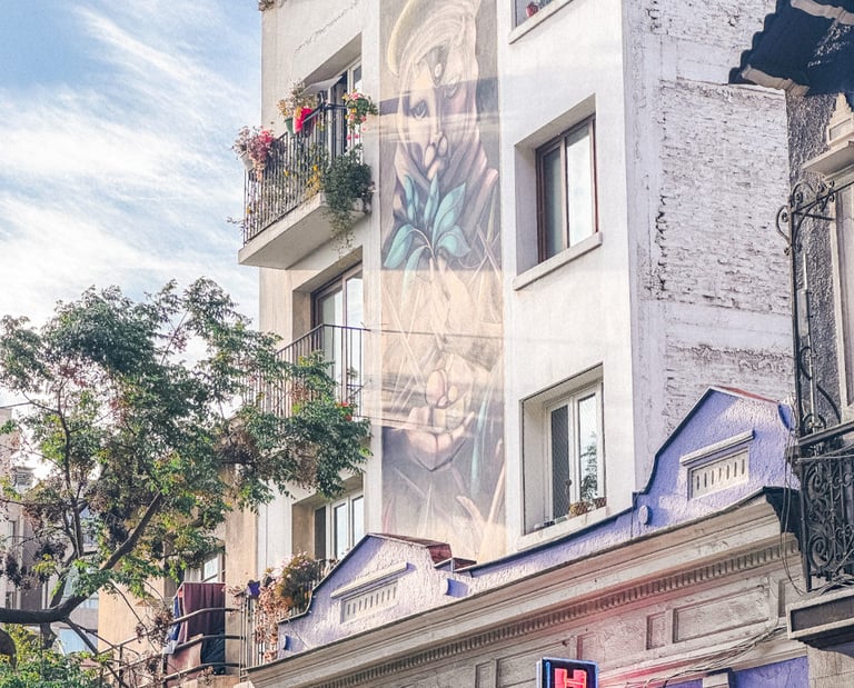 Chilean streets with purple mural art, Santiago de Chile, South America