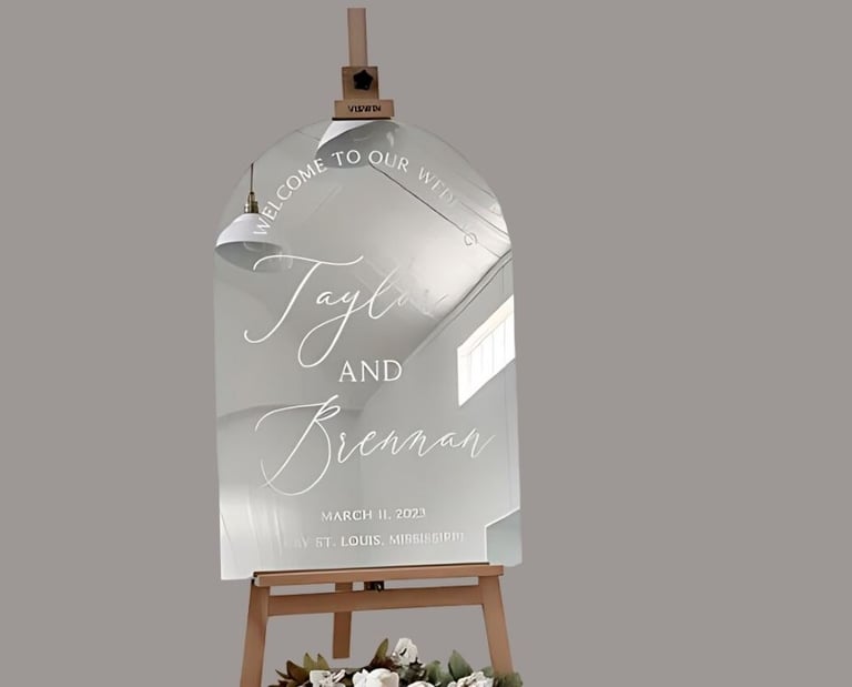 clear wedding sign for taylor and bremman with wooden stand