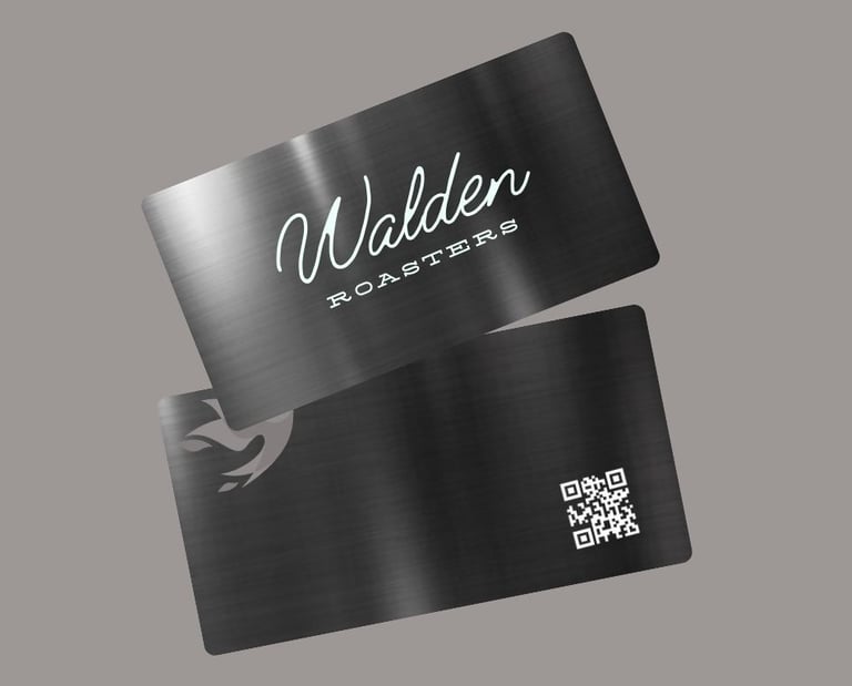 Silver Metal NFC with a QR code and have a text walden roasters on it
