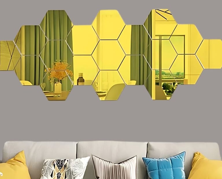 MIrror sign shapes like a hexagon. gold and assembled