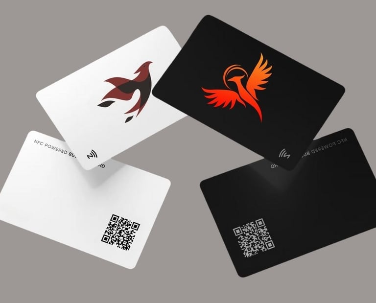 Black and white pvs card with a bird logos and QR code