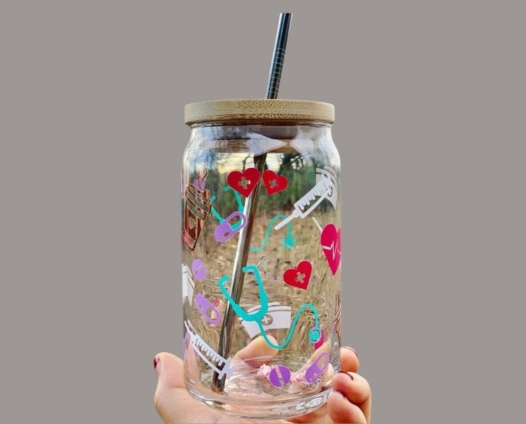soda glass with bamboo cap with various stickers