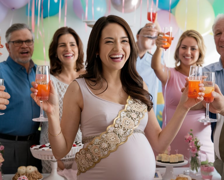 a pregnant woman holding a glass of wine and a champagne flute