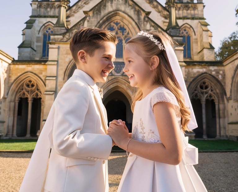 A boy and a girl at their first communion ceremony