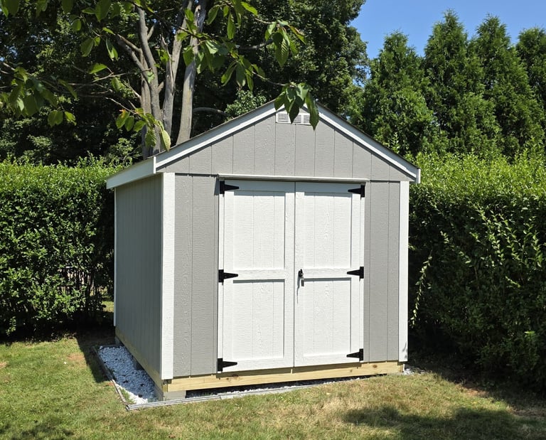 8x10 wooden storage shed with durable construction and classic design for versatile outdoor storage.
