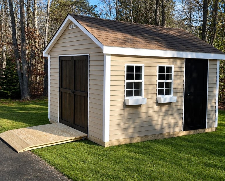 Heavy duty pressure treated shed ramp built for smooth entry and long-term durability.