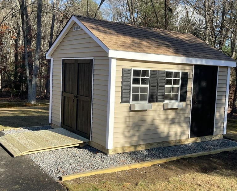 Heavy-duty shed ramp built in Massachusetts for smooth entry and long-term durability.