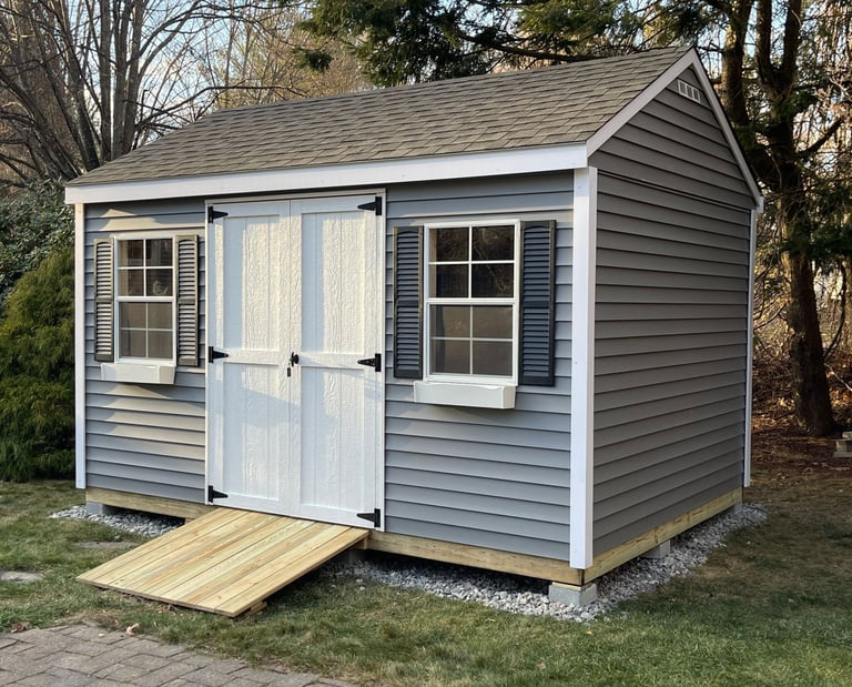 Standard pressure treated shed ramp built in Rhode Island for easy entry and accessibility.