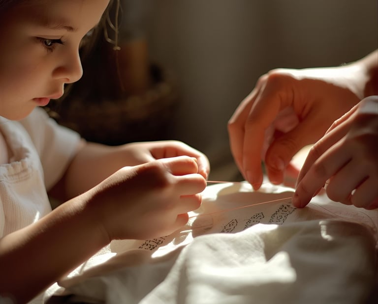 bambina che cuce. tramandare tradizioni sartoriali.  