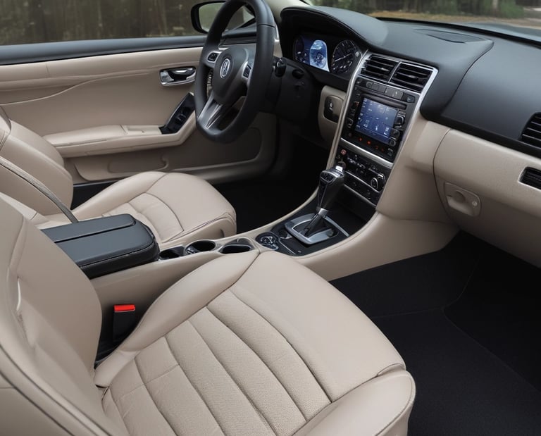Several car care products, including bottles of wax and detailing spray, are placed on a soft cloth in a garage setting. A red tool chest stands in the background, slightly out of focus, against a backdrop of shelves and storage areas. The products feature prominent labels and branding.