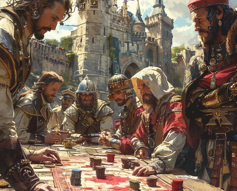 Un groupe d'hommes joue à un jeu de société type jeu de cartes, dans un univers médiéval.
