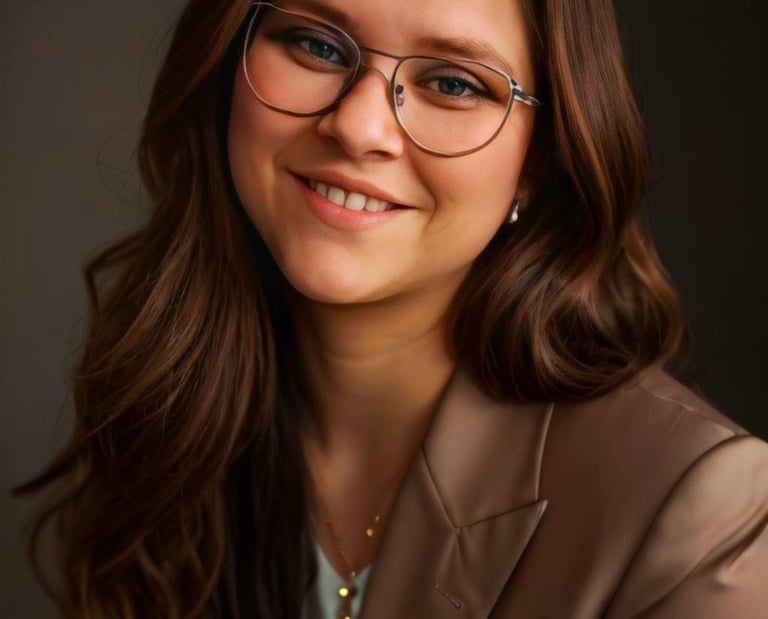 a woman in glasses and a suit jacket