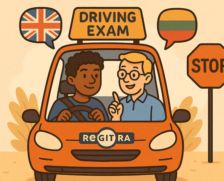 A driving examiner and student speaking in a car in English and Lithuanian, demonstrating the use of a Regitra translator.