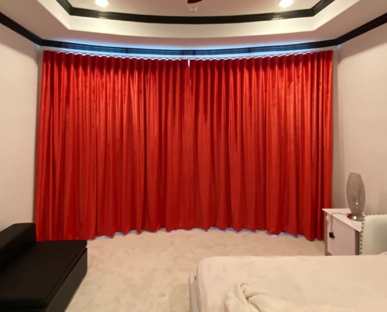 Custom Ripple Fold Drapery Red Velvet Custom curved track rod