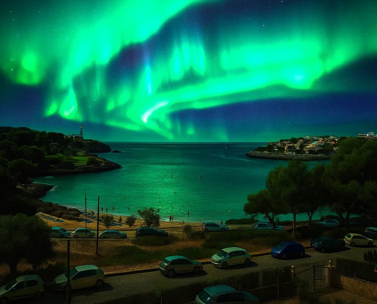 a green and blue sky with a green sky and some cars