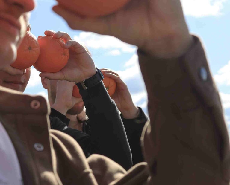 zmones ziuri i toli su apelsinais prie veido