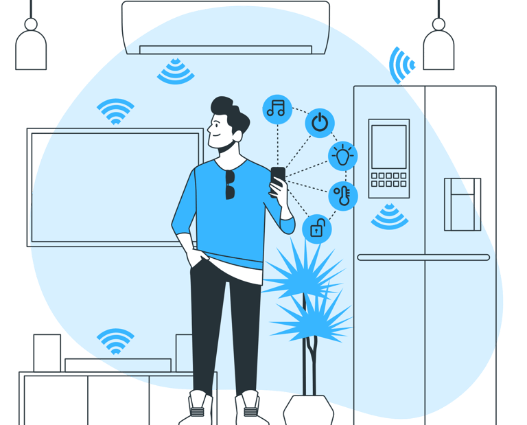 a man holding a mobile phone connecting to wireless devices in his smart home