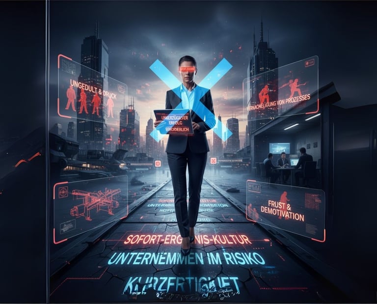 Frau vor Schilder mit Folgen von Sofort-Ergebnis-Kultur