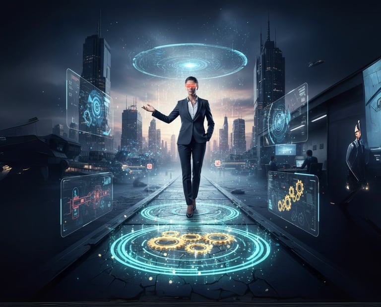 Frau hinter digitalen Zahnrädern die Zeithorizonte zeigen, Zukunftsfähigkeit durch Zeitplanung