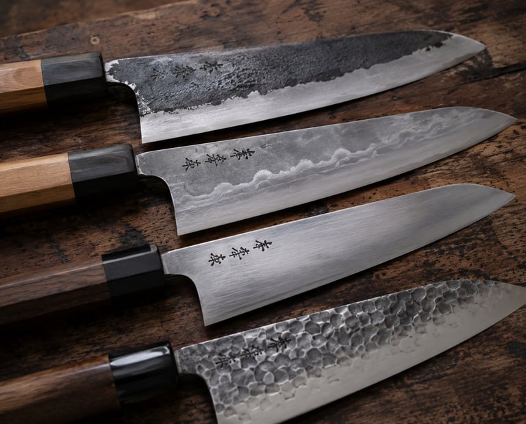 A collection of four handcrafted Japanese chef knives with different steel finishes on a rustic wooden surface.