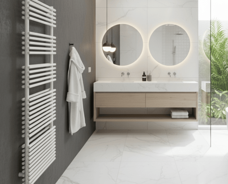 A high output towel rail set in a stunning luxury modern bathrooms