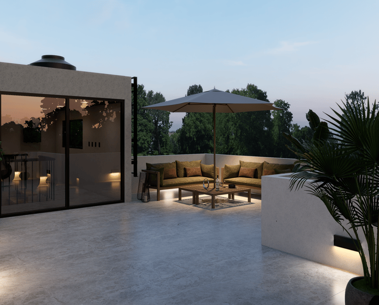 Terraza exterior con sala, sombrilla, plantas y pisos cerámicos