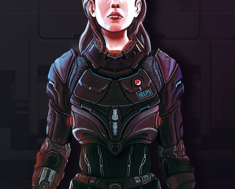 a woman in a futuristic suit with a helmet on