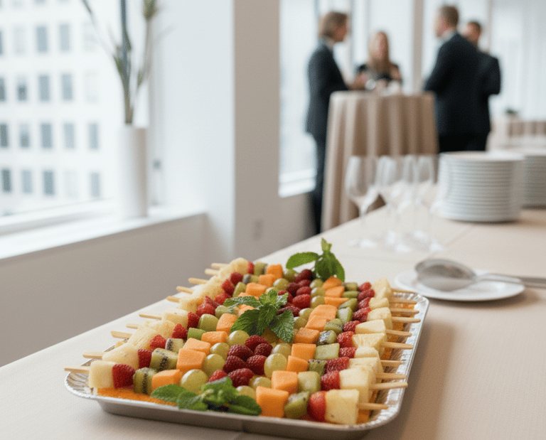 a tray of fruit on a table with a tray of fruit