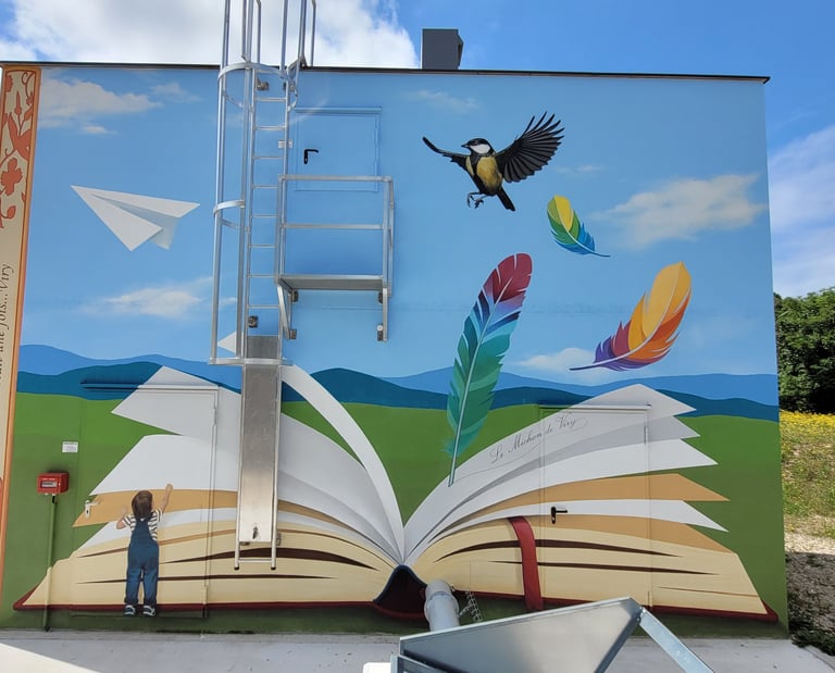 Fresque sur façade ext., plume écrivant sur un livre ouvert, un enfant et oiseau sur paysage épuré.