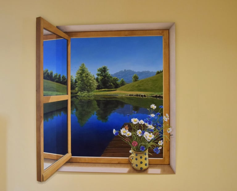 Fenêtre ouverte en trompe-l'oeil, un bouquet de fleurs des champs sur le rebord, un étang, paysage