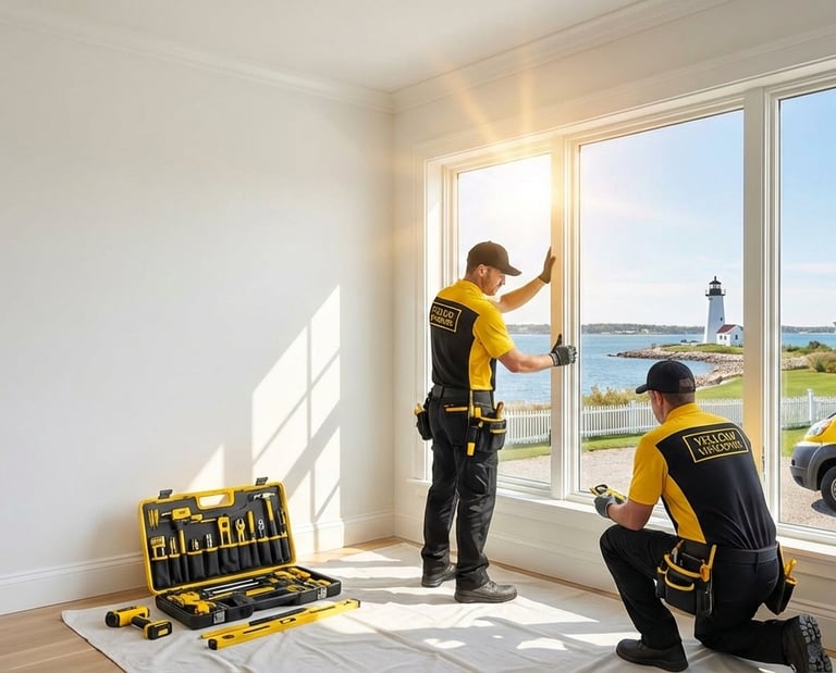 Professional window repair technicians in yellow uniforms working in a Long Island home with an ocea