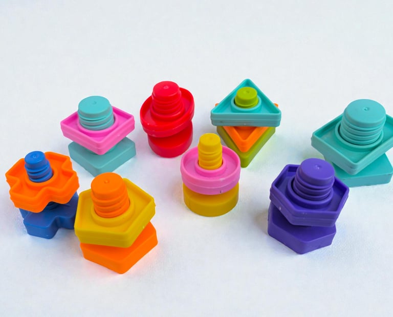 Colorful plastic nuts and bolts building set for fine motor skills development.