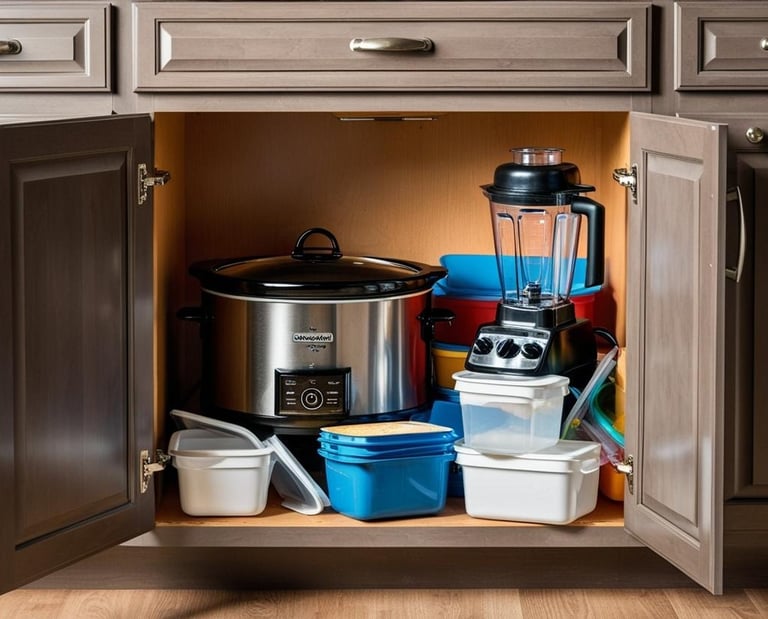 A messy, cluttered base kitchen cabinet the could benefit from pull out shelf installation.
