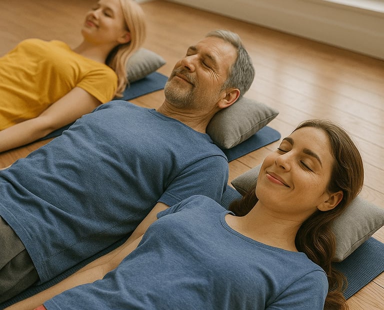 Entspannte Menschen liegen auf Yogamatten – Gruppenhypnose für Gelassenheit und innere Balance“