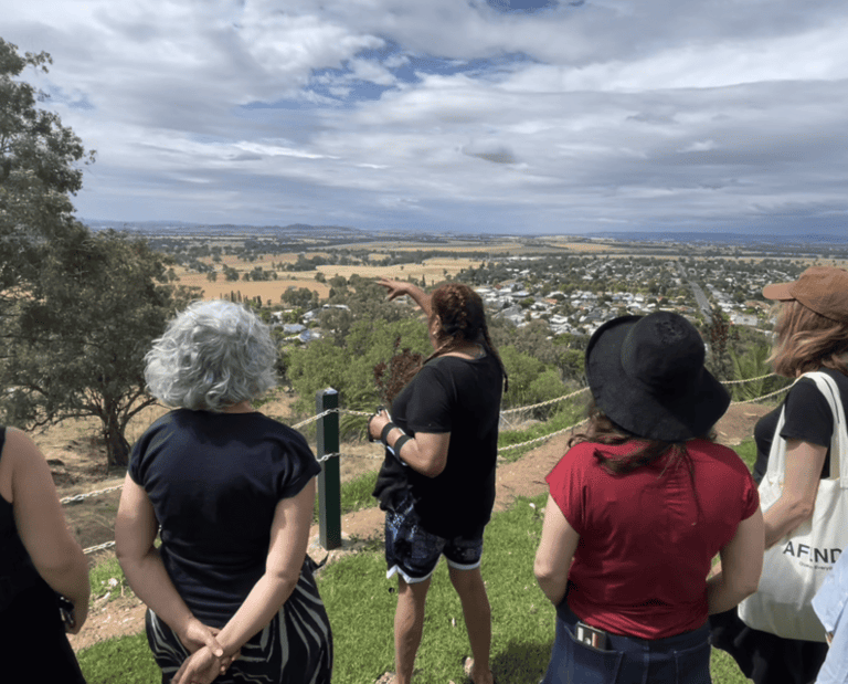 Women on a healing retreat overlooking a valley, connecting to Country in Regional New South Wales.
