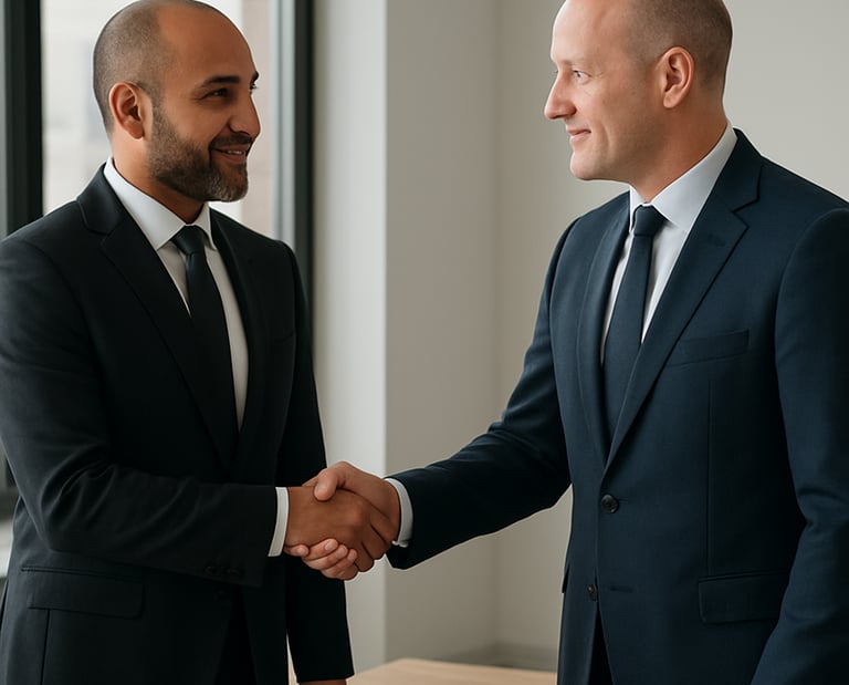 A confident businessperson shaking hands with a UK client in a modern office setting.