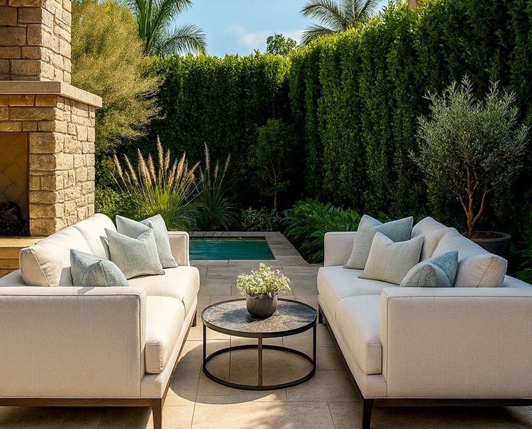 Custom outdoor sofa and lounge chairs beside a pool
