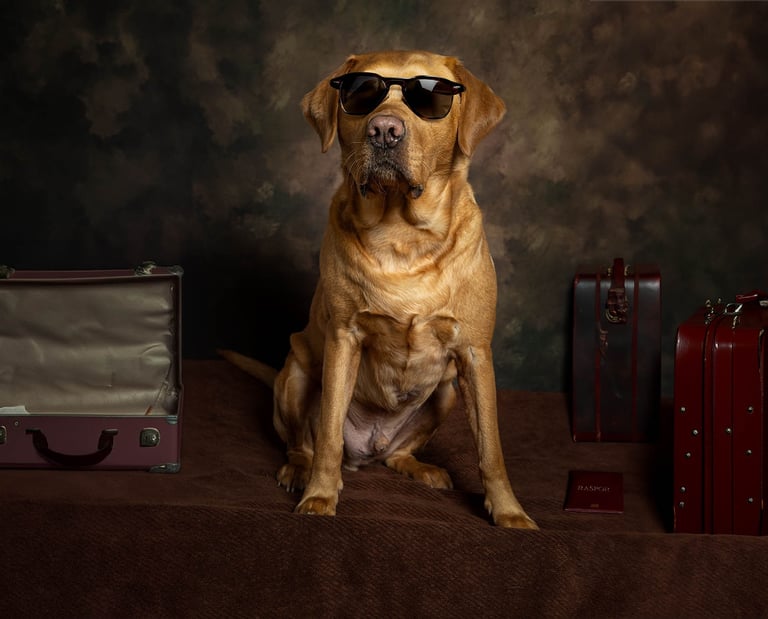 LokiPawtraits - a dog wearing sunglasses and sunglasses with a suitcase