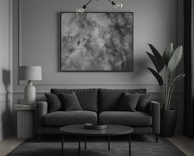 Modern minimalist living room featuring a dark grey sofa, sputnik chandelier, and abstract wall art.