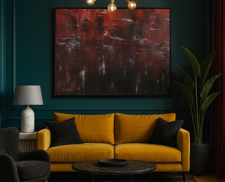 Modern living room featuring a yellow velvet sofa, dark teal walls, and a large abstract red painting.