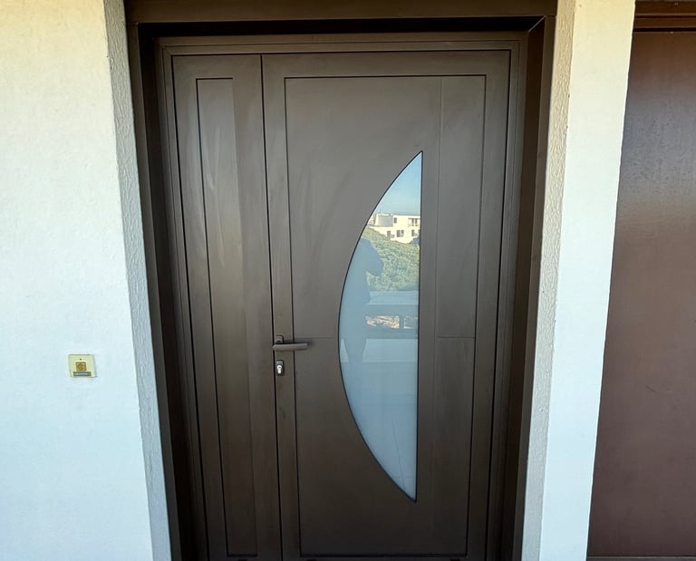 Remplacement d'une porte d'entrée avec un design spécifique.